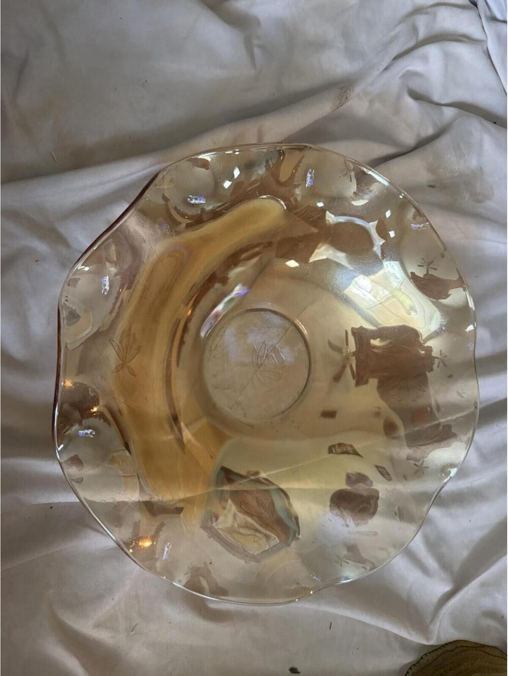Vintage Jeanette Orange Iridescent Ruffled Floral Carnival Glass Bowl 9.5"